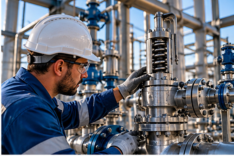 Tecnico in impianto industriale durante la raccolta dati per una valvola di sicurezza